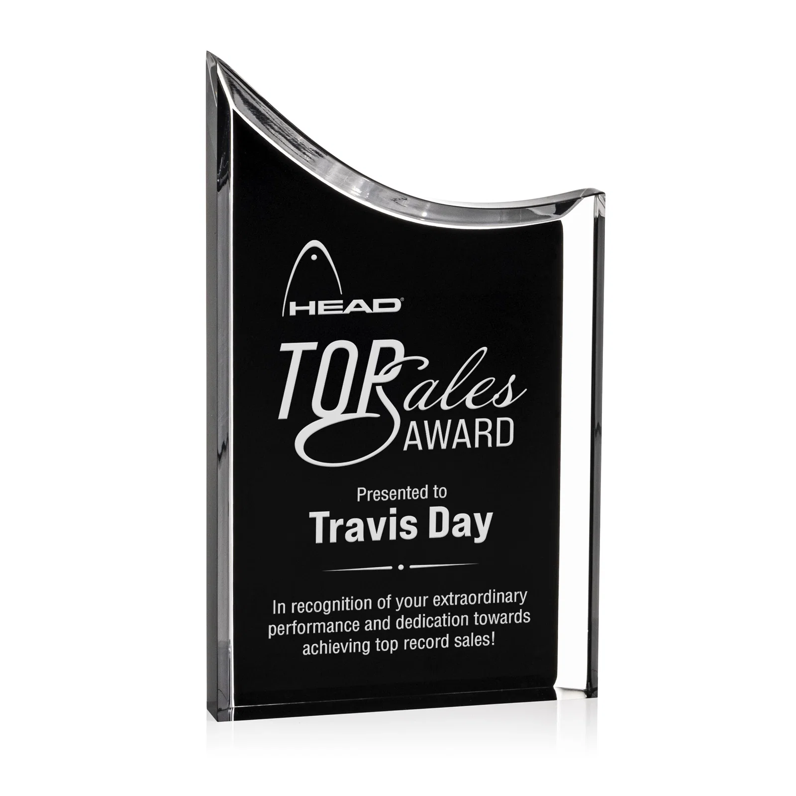 Custom Curved Acrylic Award with Black Background Panel for service anniversary gifts