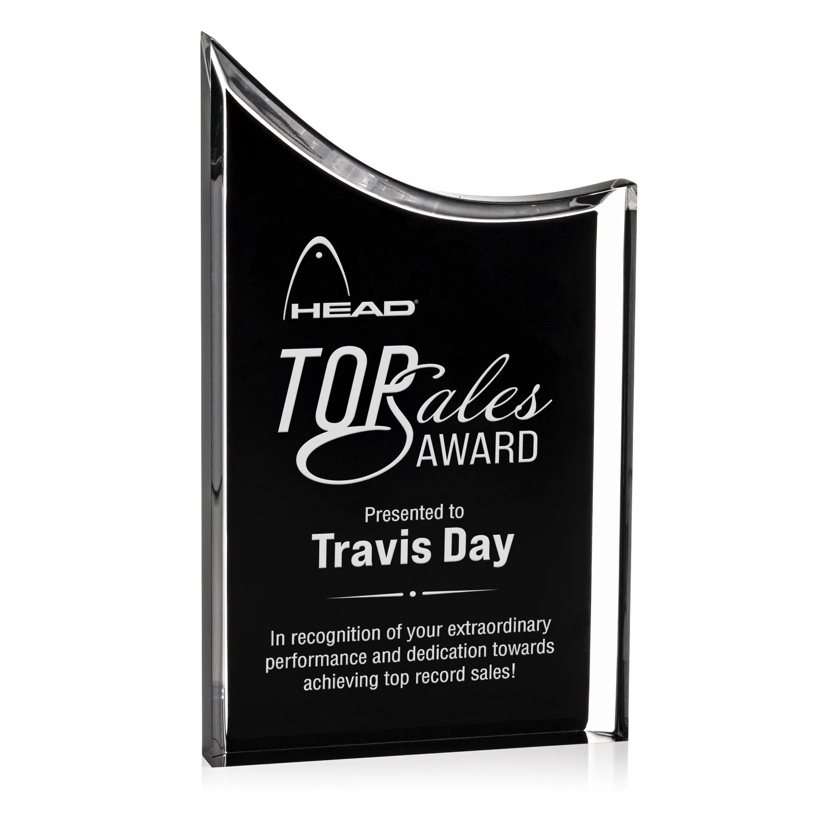 Custom Curved Acrylic Award with Black Background Panel for sales achievement awards