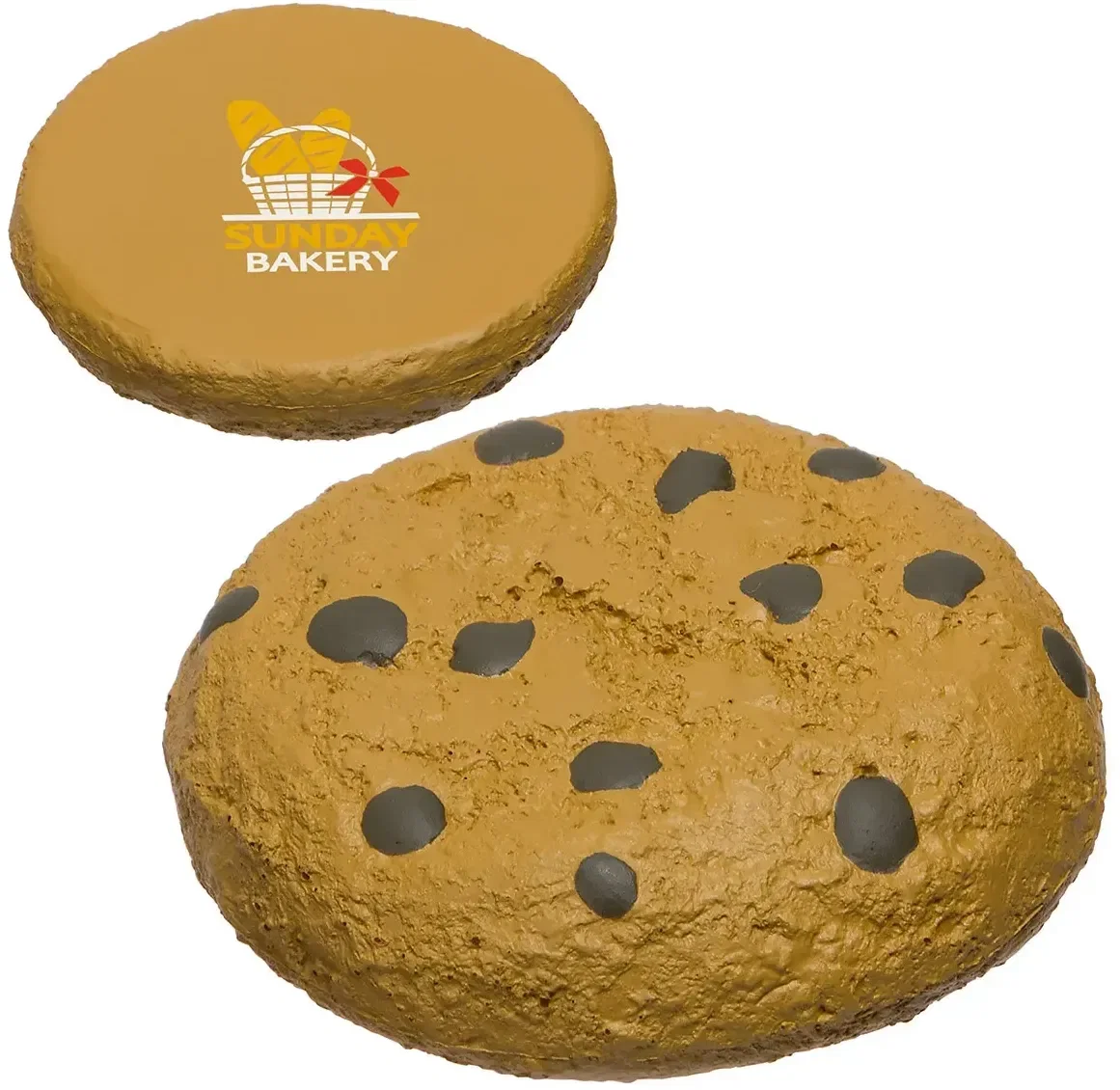 Chocolate chip cookie custom stress reliever, branded promotional squeeze toy for bakery logo giveaways