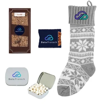 Holiday stocking filled with a chocolate tin