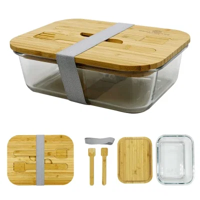 Glass bento box topped with a natural bamboo lid
