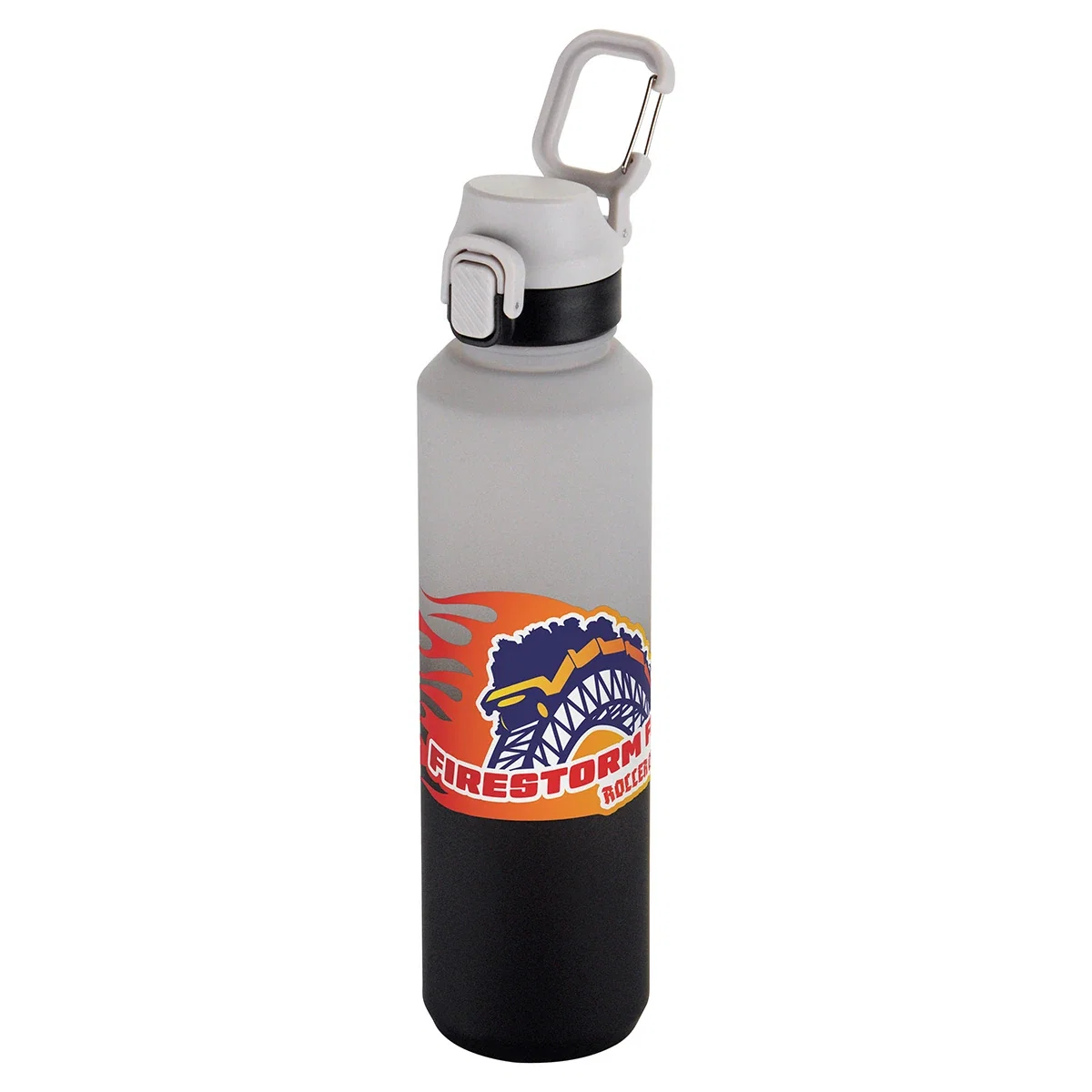 Chroma 27 oz promotional gradient water bottle, lid and cap detail
