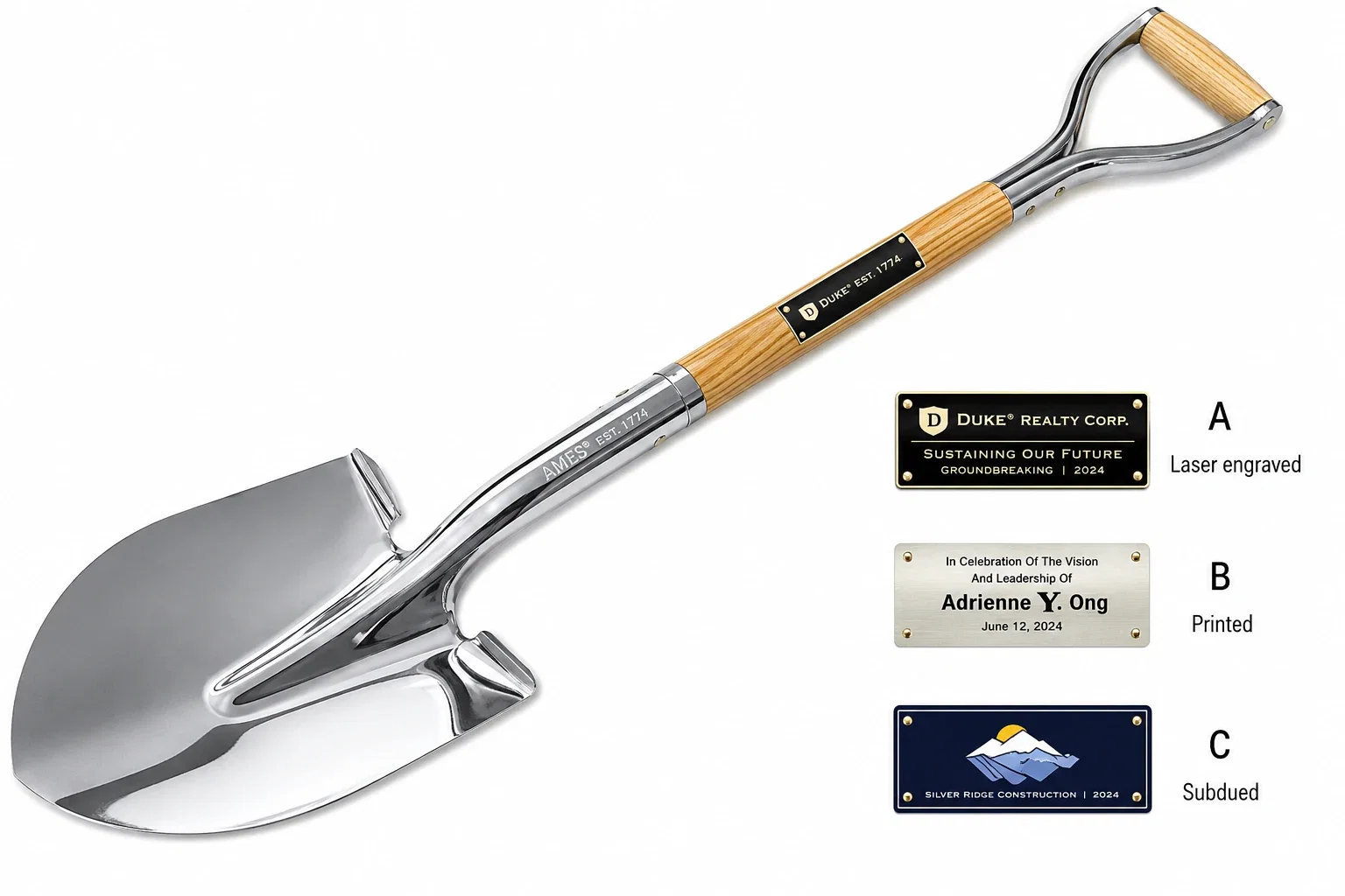 Chrome Groundbreaking Shovels - 40"long, Personalized Plates — view 1