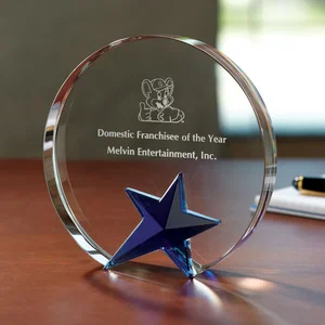 Circle Star Crystal Award with Blue Accent, 5.88" x 5.5", Etched Imprint