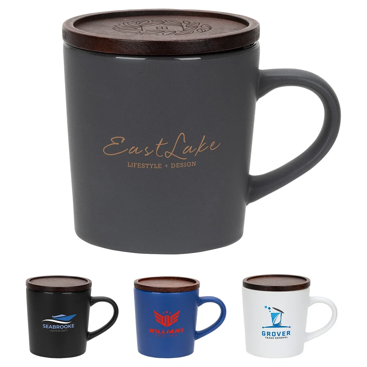 Custom Circo 16 oz Ceramic Mug with Wooden Lid, front view of the branded coffee mug