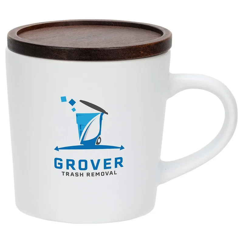 Promotional Circo Ceramic Mug on a desk, branded coffee mug lifestyle shot