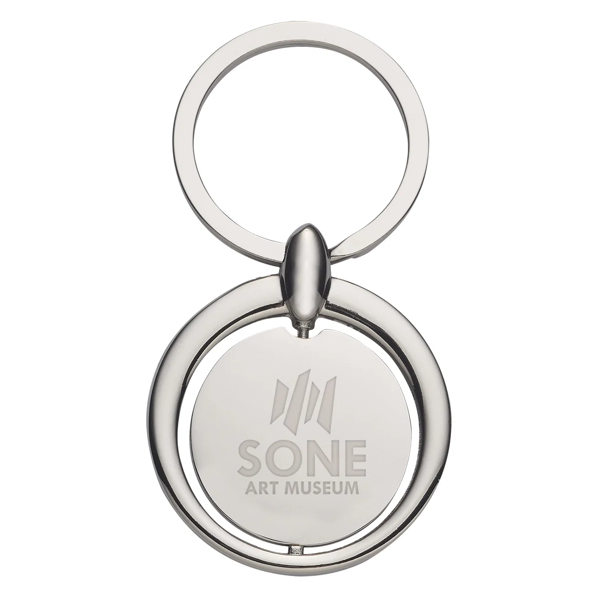 Circular metal key tag hanging from a split ring