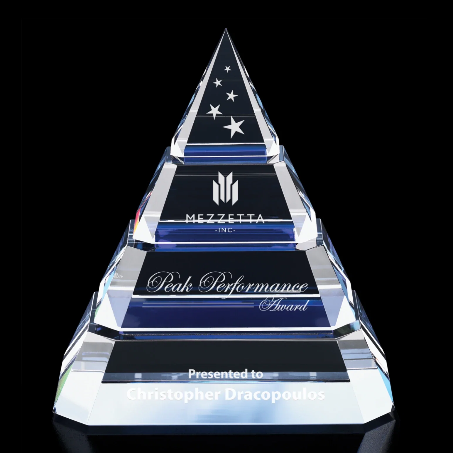 Custom Faceted Optical Crystal Pyramid Award with Recessed Sapphire Plates for employee recognition