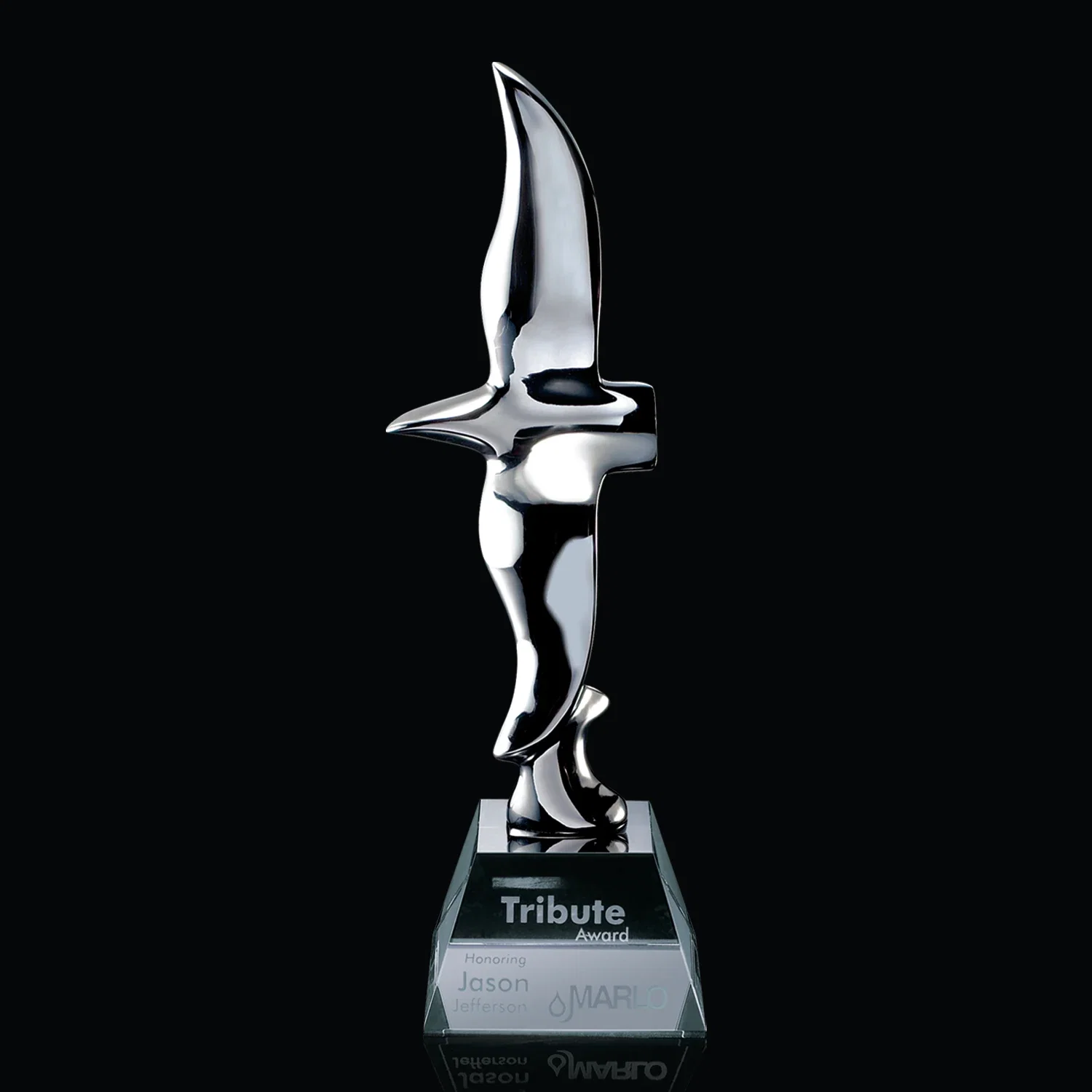 Custom Chrome Flying Eagle Award on Optical Crystal Base for corporate award ceremonies