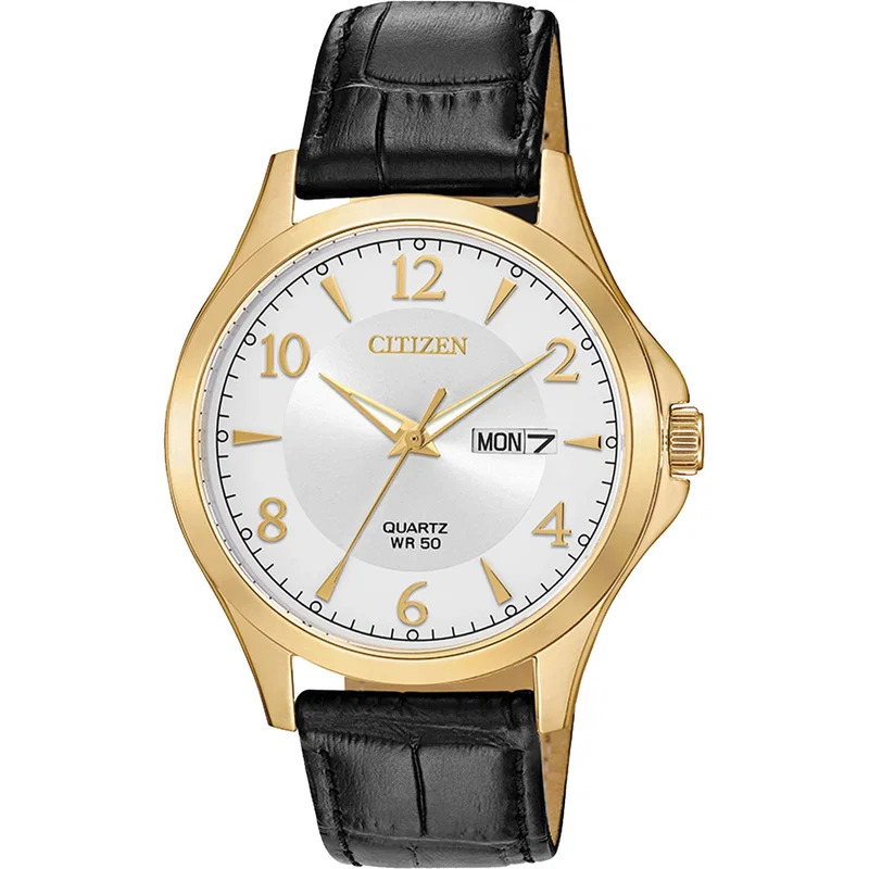 Citizen BF200325A Men's Quartz Watch, Black Leather Strap with Silver Dial