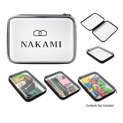 Clear hard shell case with black zipper closure, 8 inches tall