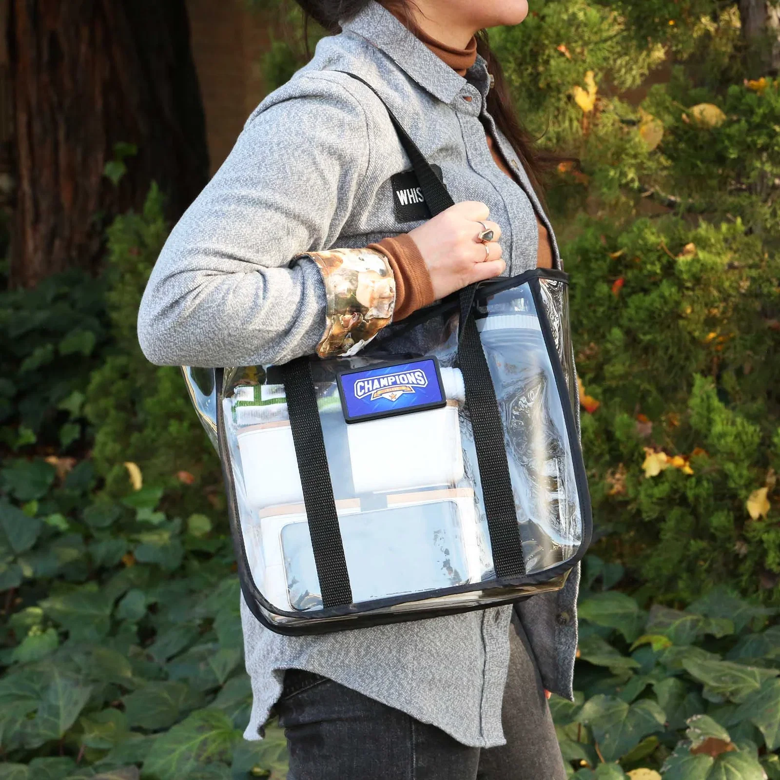 Clear Stadium Bag held in hand
