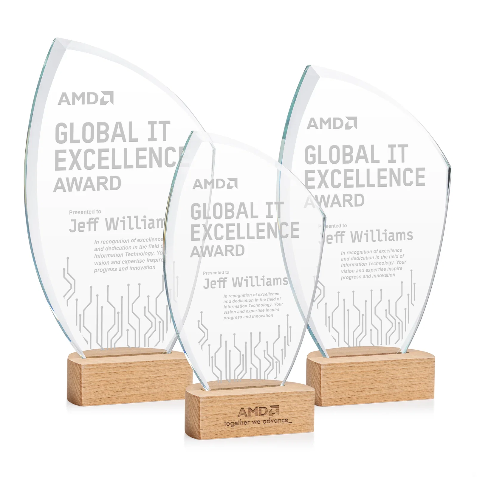 Custom Starfire Crystal Award on Beechwood Base with Sweeping Arc for employee recognition