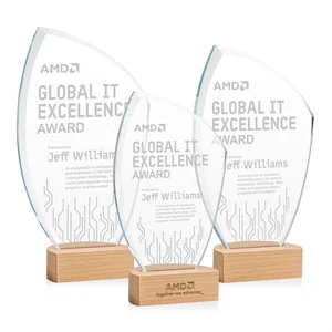 Starfire Crystal Award on Beechwood Base with Sweeping Arc