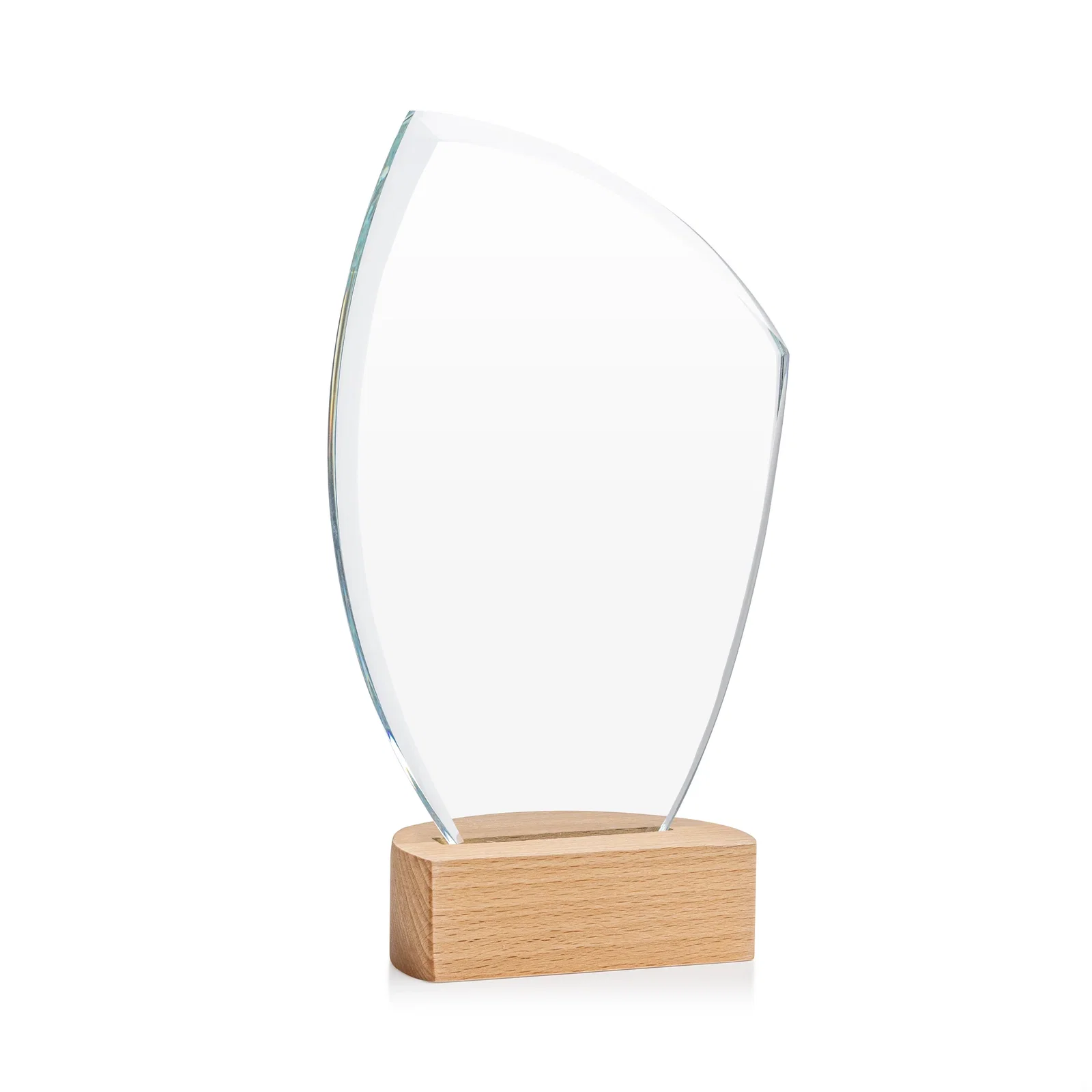 Custom Starfire Crystal Award on Beechwood Base with Sweeping Arc for dealer and partner awards