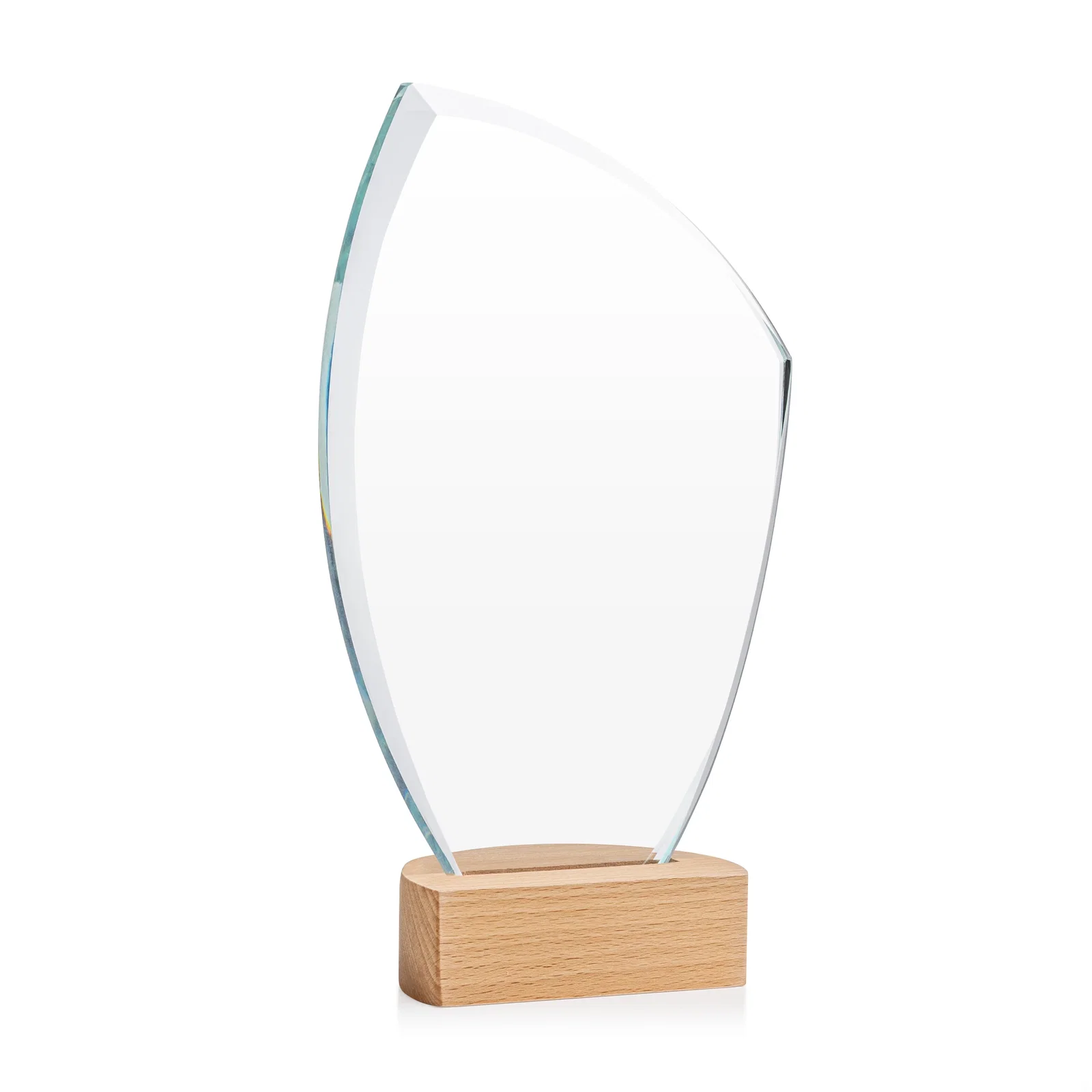 Custom Starfire Crystal Award on Beechwood Base with Sweeping Arc for company anniversary events