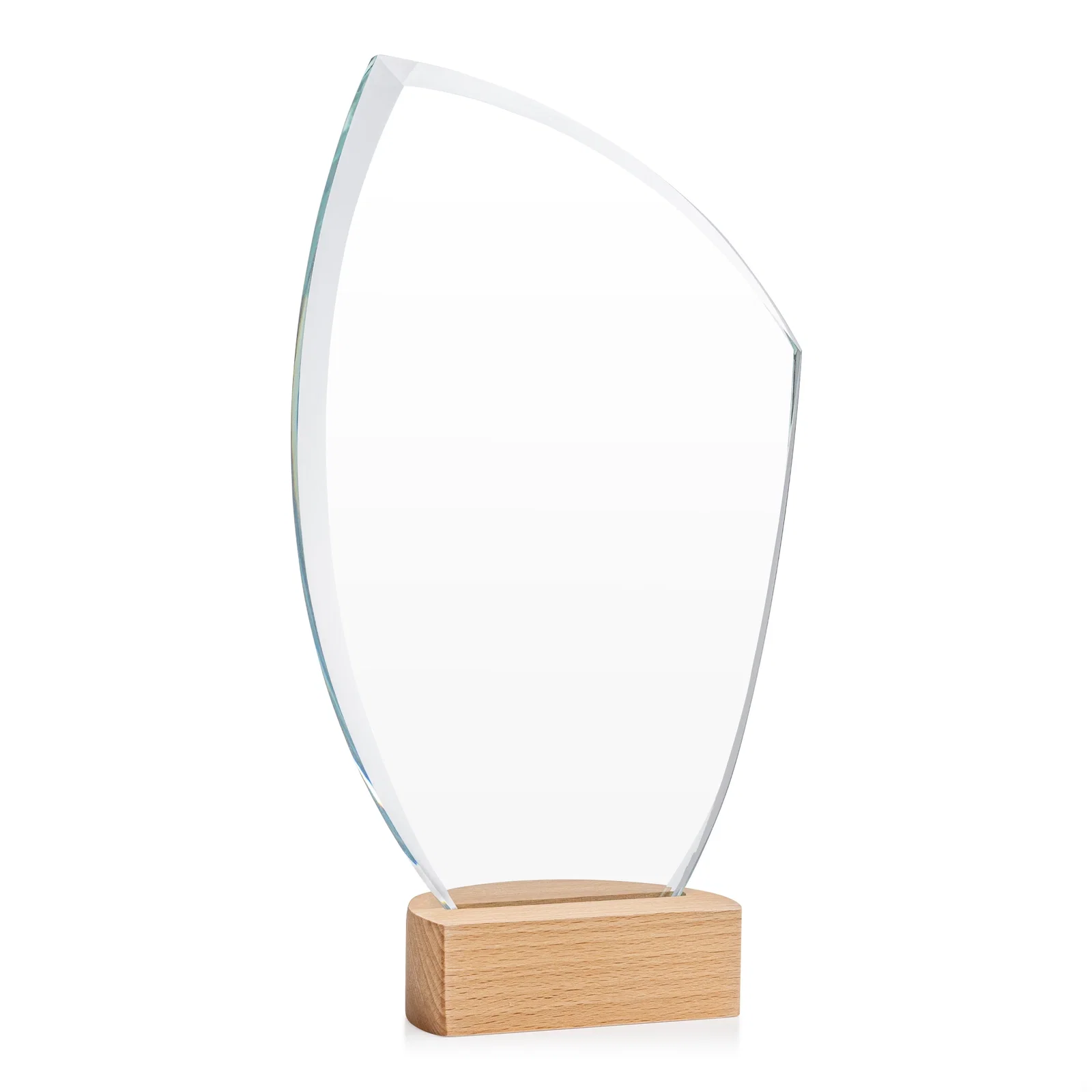 Personalized Starfire Crystal Award on Beechwood Base with Sweeping Arc for employee recognition