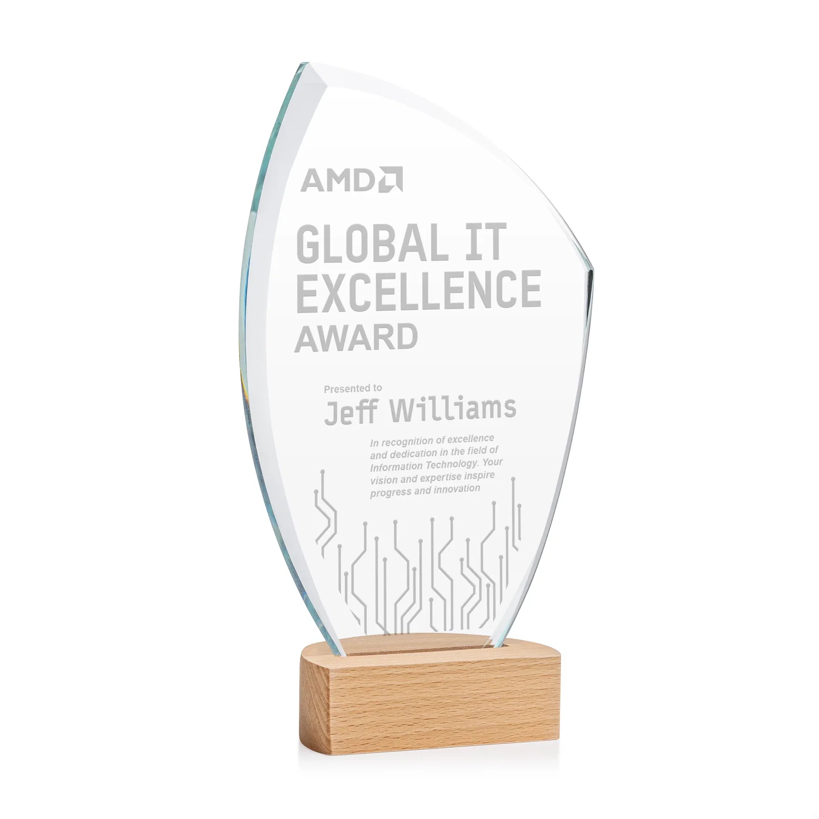 Custom Starfire Crystal Award on Beechwood Base with Sweeping Arc for service anniversary gifts
