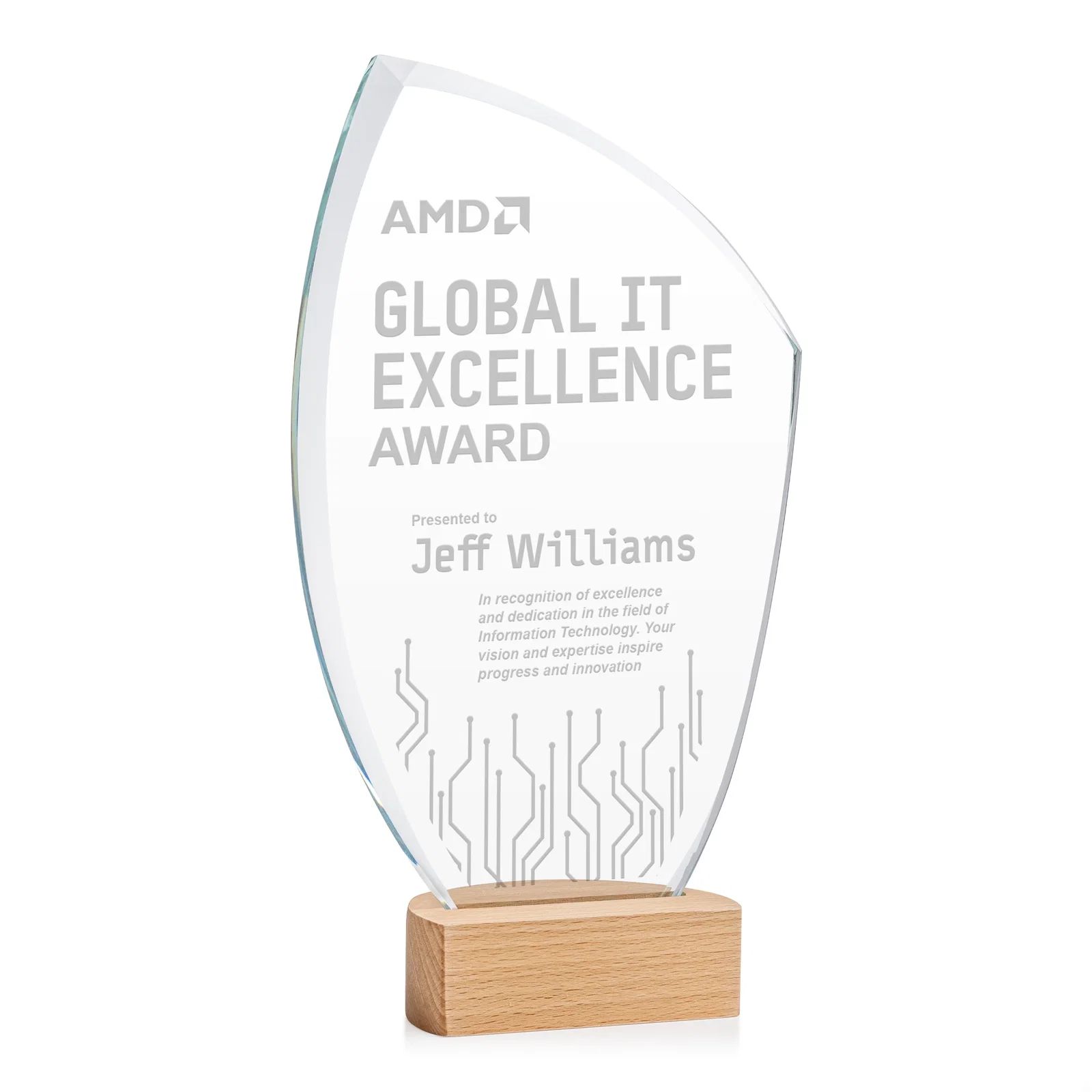 Custom Starfire Crystal Award on Beechwood Base with Sweeping Arc for sales achievement awards