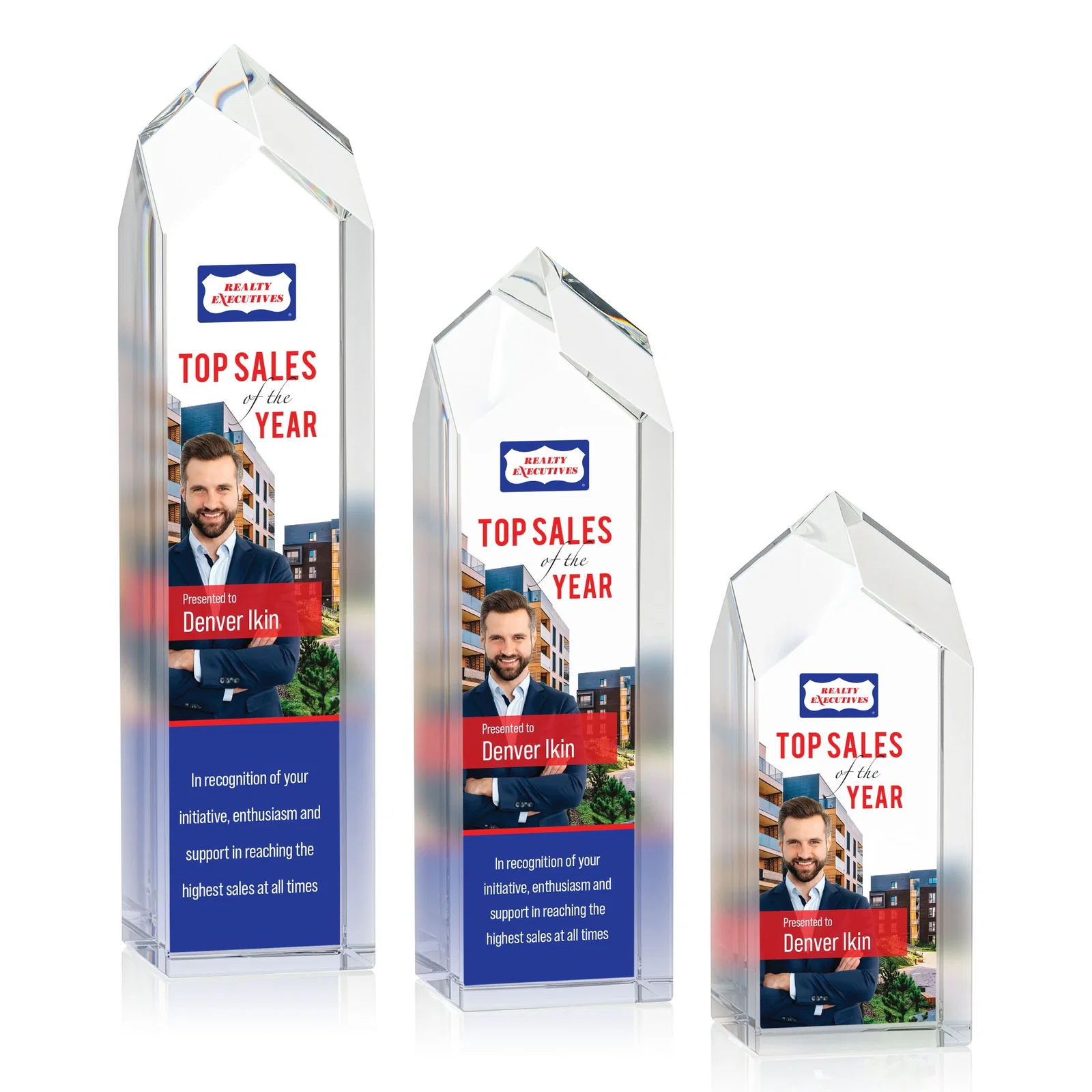 Custom 3D Etched Freestanding Optical Crystal Tower Award with Raised Peak for volunteer appreciation