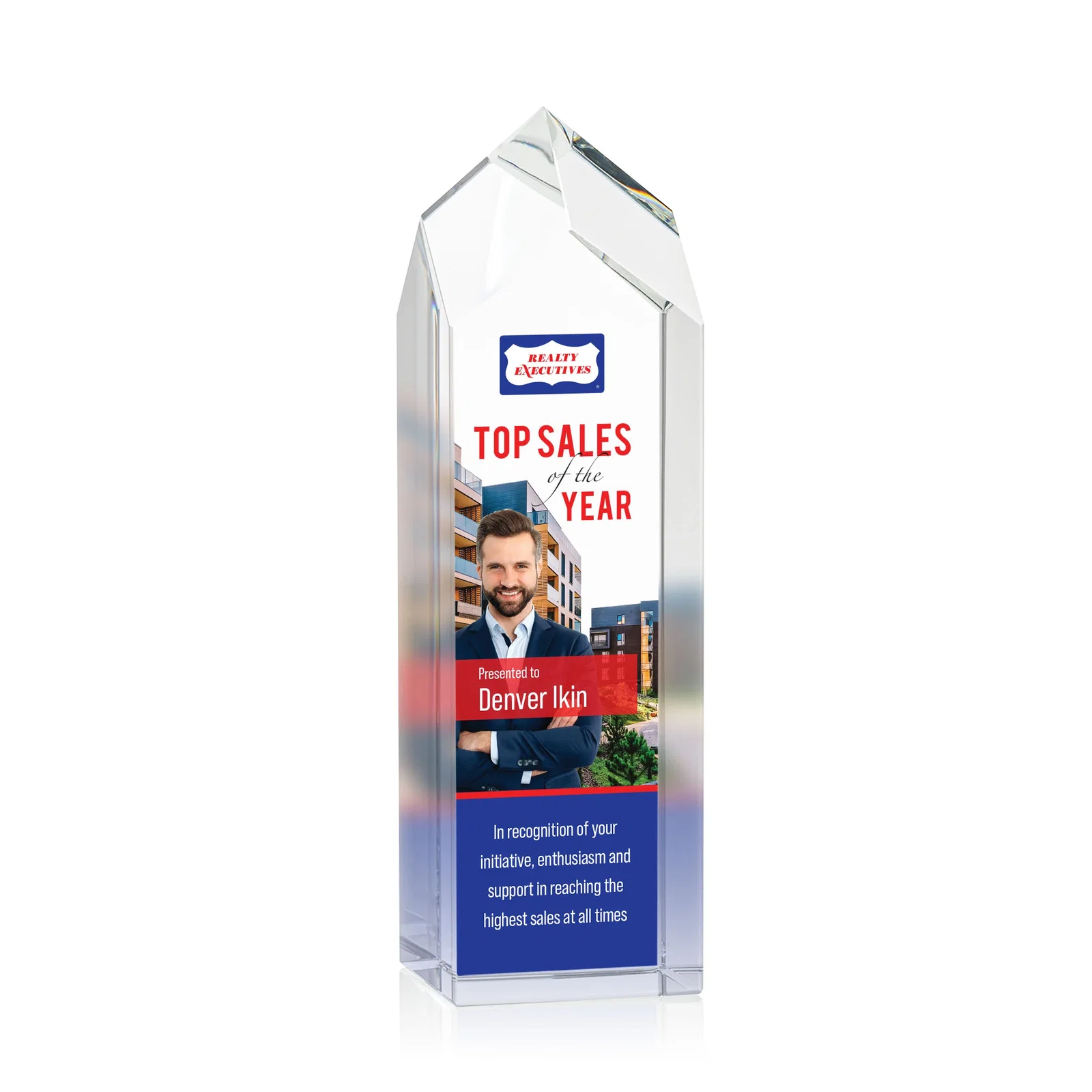 Custom 3D Etched Freestanding Optical Crystal Tower Award with Raised Peak for company anniversary events