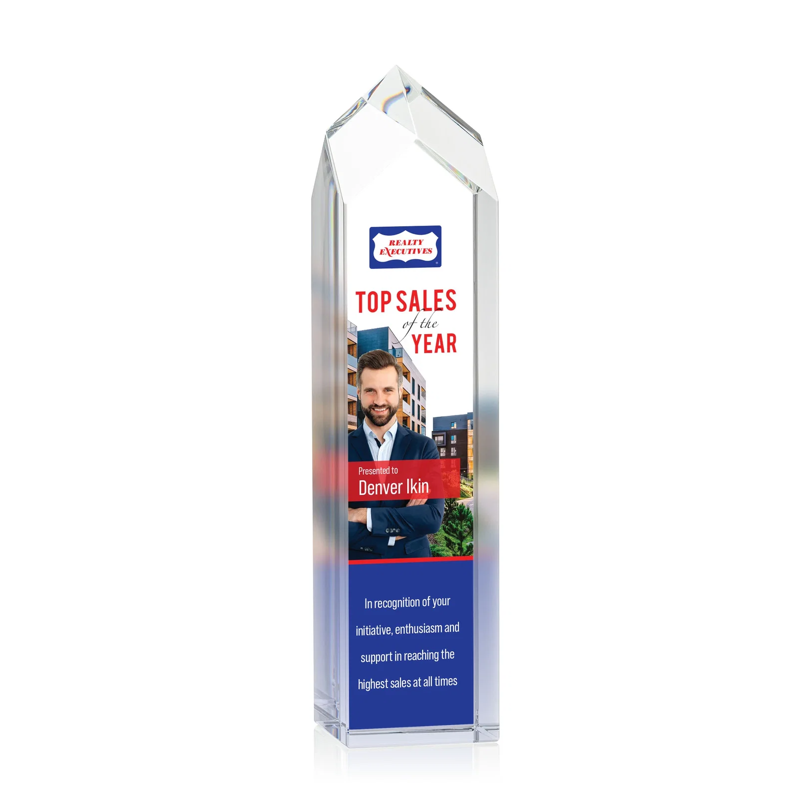 Personalized 3D Etched Freestanding Optical Crystal Tower Award with Raised Peak for employee recognition