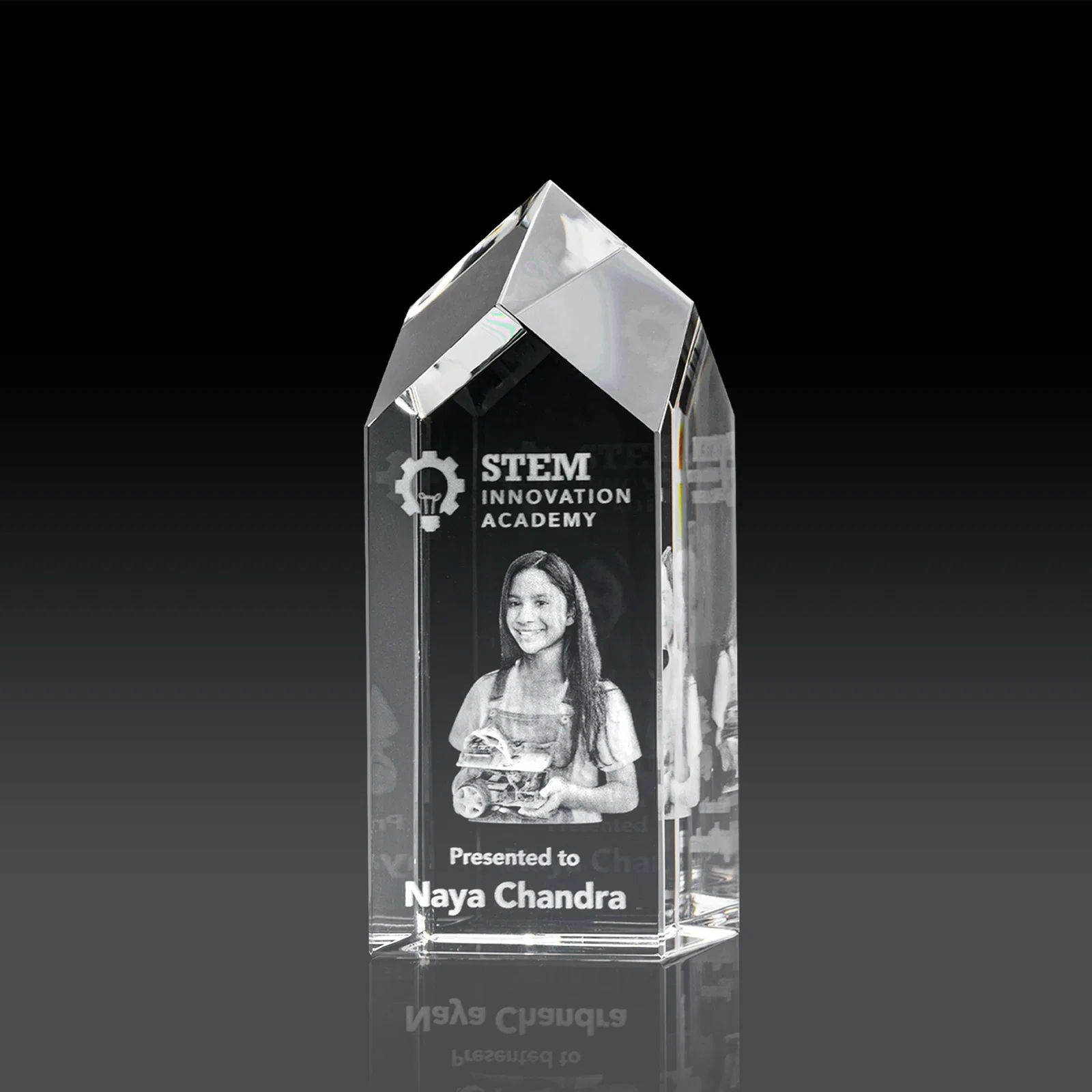 Custom 3D Etched Freestanding Optical Crystal Tower Award with Raised Peak for corporate award ceremonies