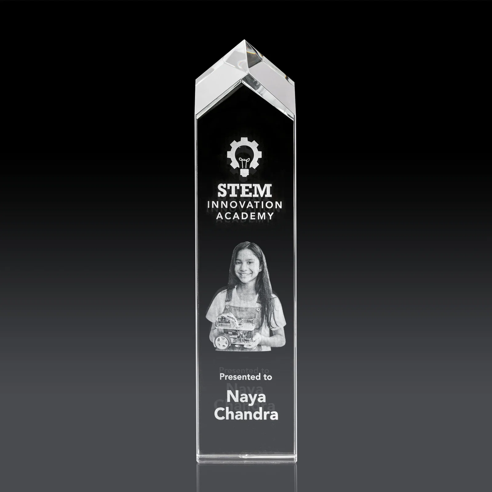 Custom 3D Etched Freestanding Optical Crystal Tower Award with Raised Peak for sales achievement awards