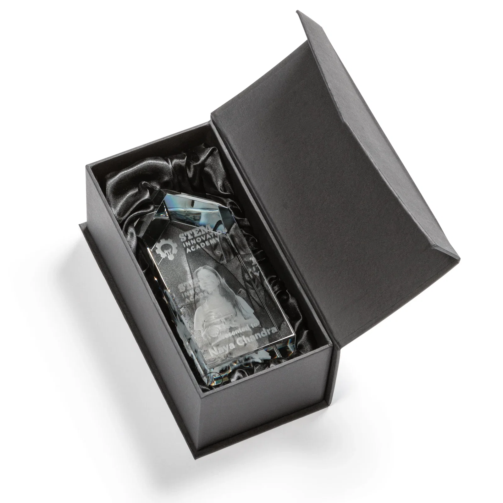 Custom 3D Etched Freestanding Optical Crystal Tower Award with Raised Peak for retirement presentations