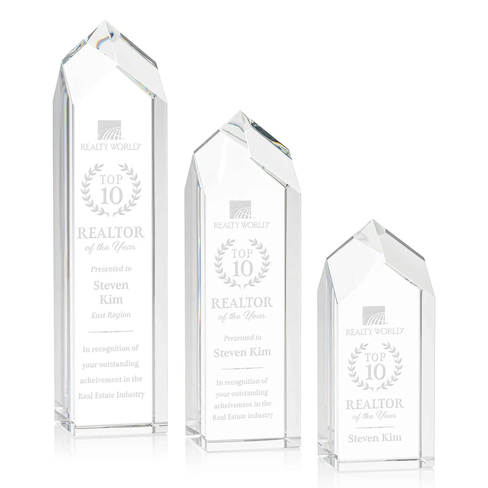 Custom 3D Etched Freestanding Optical Crystal Tower Award with Raised Peak for team milestone celebrations