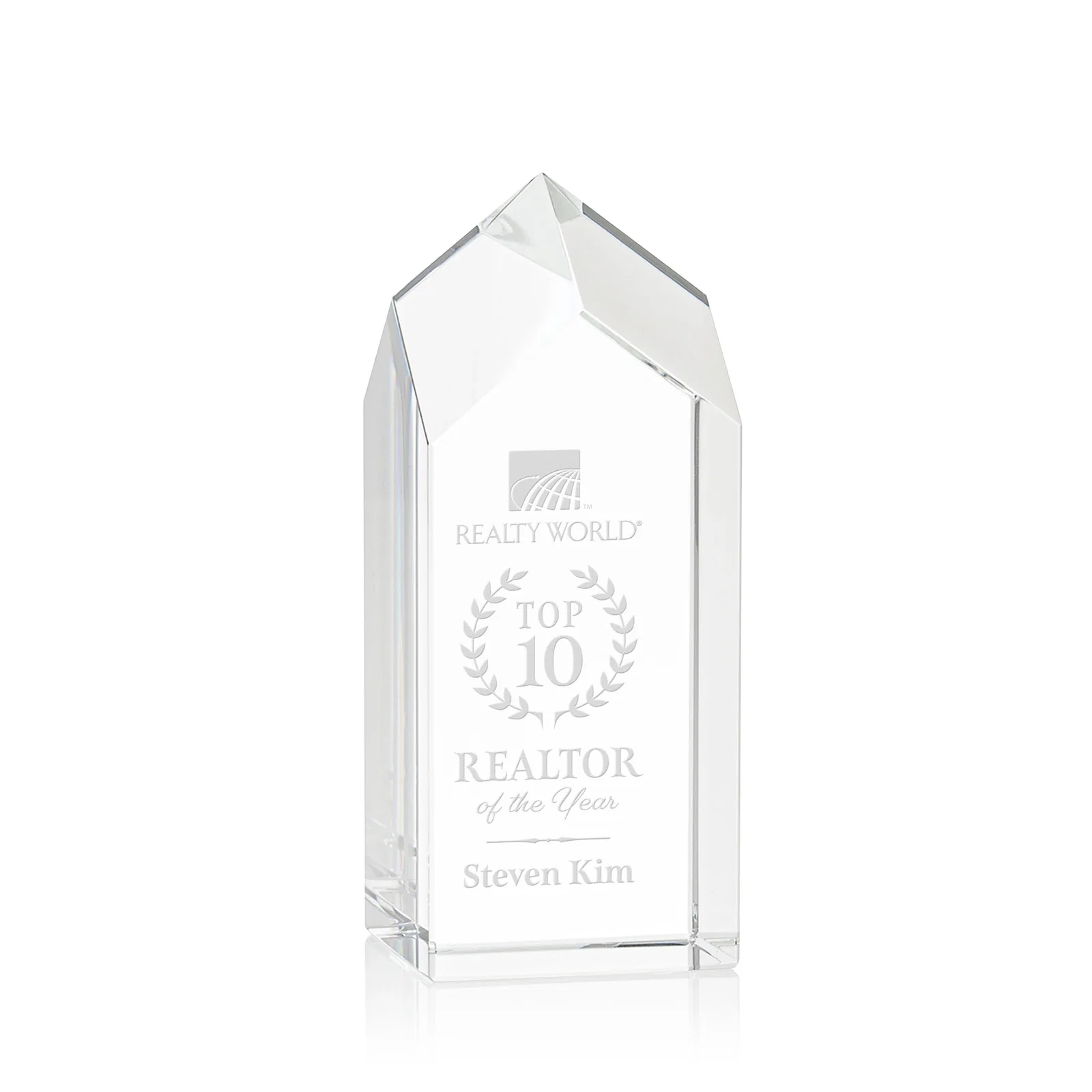 Custom 3D Etched Freestanding Optical Crystal Tower Award with Raised Peak for donor appreciation
