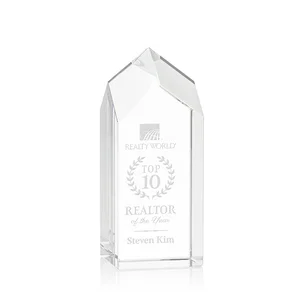 3D Etched Freestanding Optical Crystal Tower Award with Raised Peak