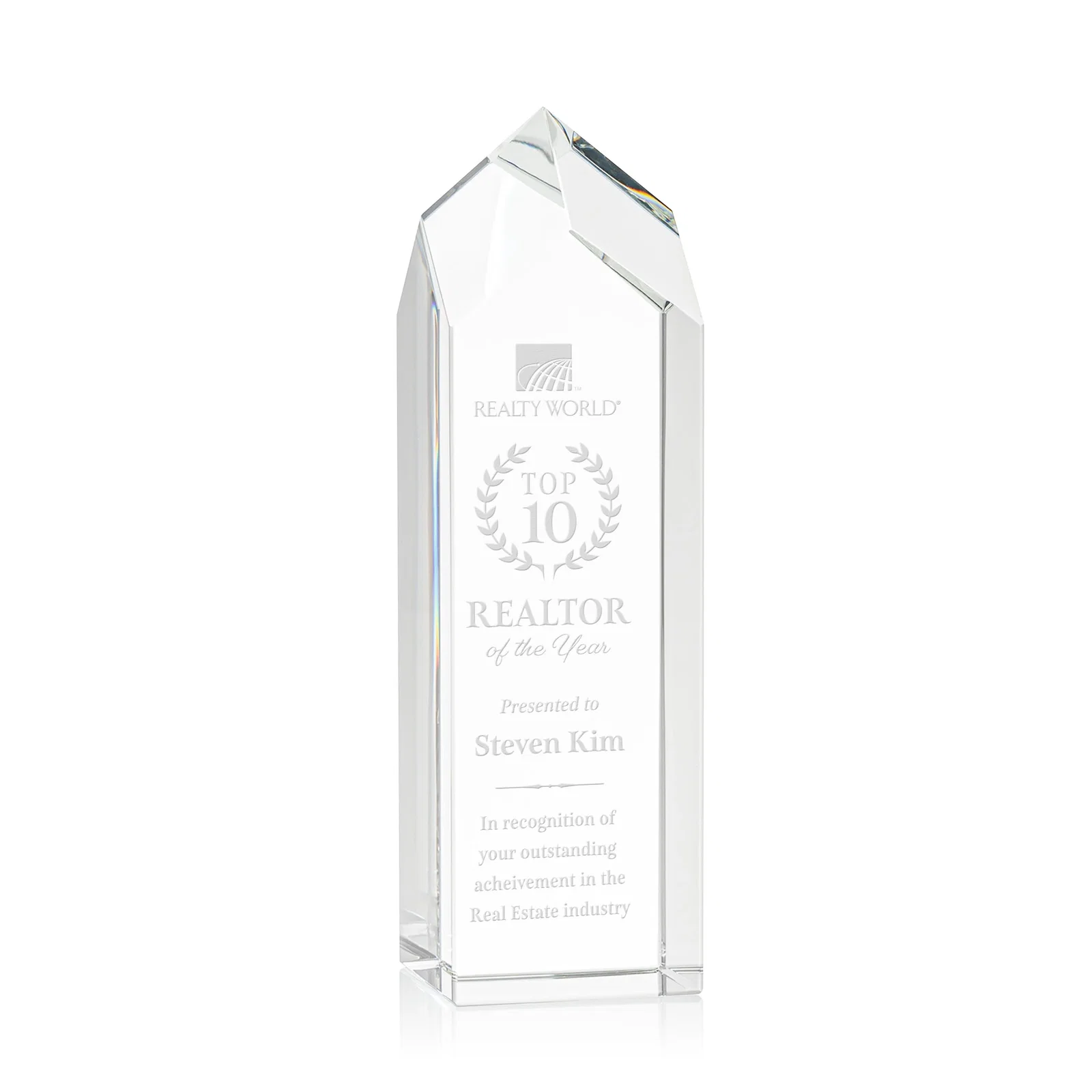 Custom 3D Etched Freestanding Optical Crystal Tower Award with Raised Peak for graduation ceremonies