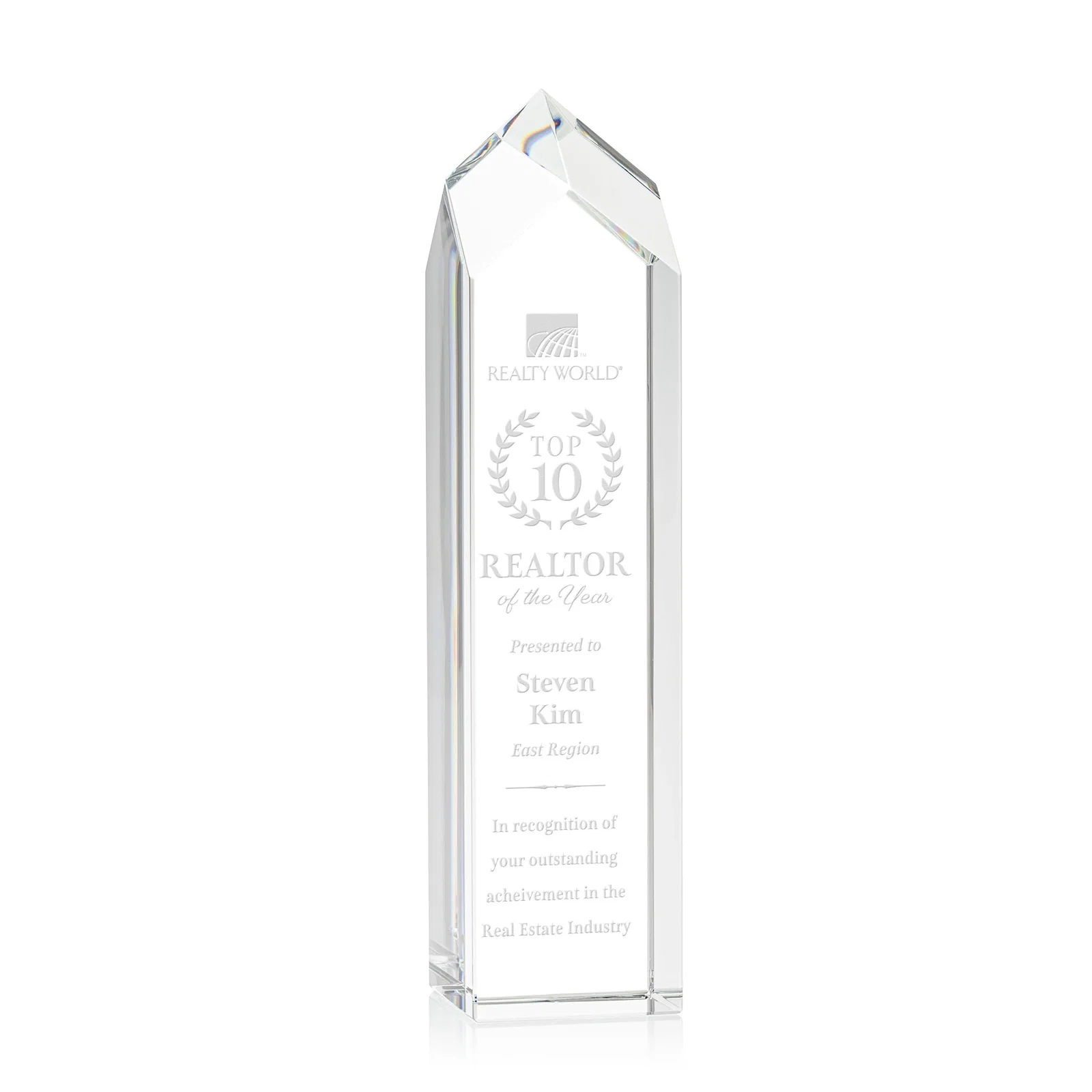Custom 3D Etched Freestanding Optical Crystal Tower Award with Raised Peak for safety achievement programs