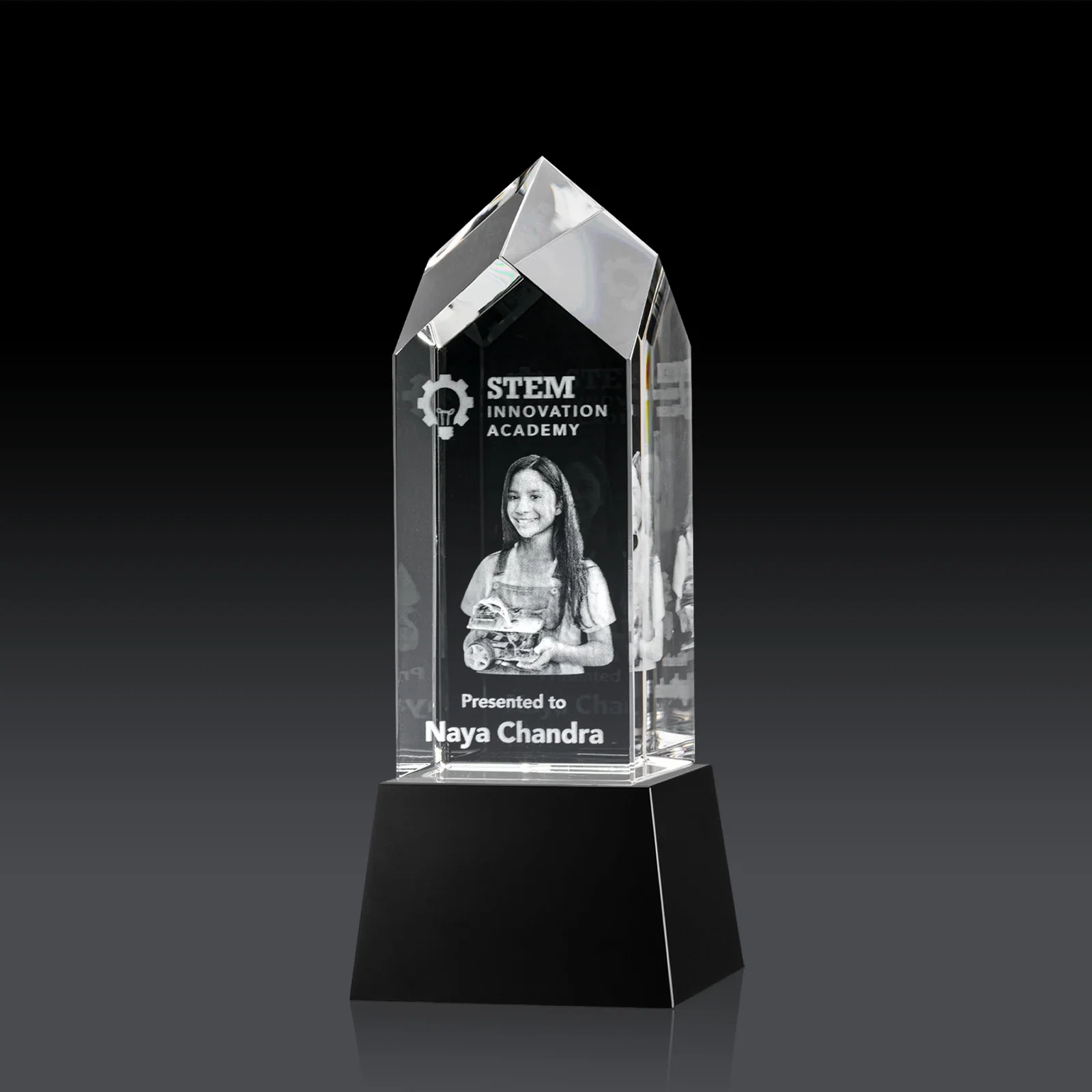 Custom 3D Etched Optical Crystal Tower Award, Raised Peak on Tapered Base for dealer and partner awards