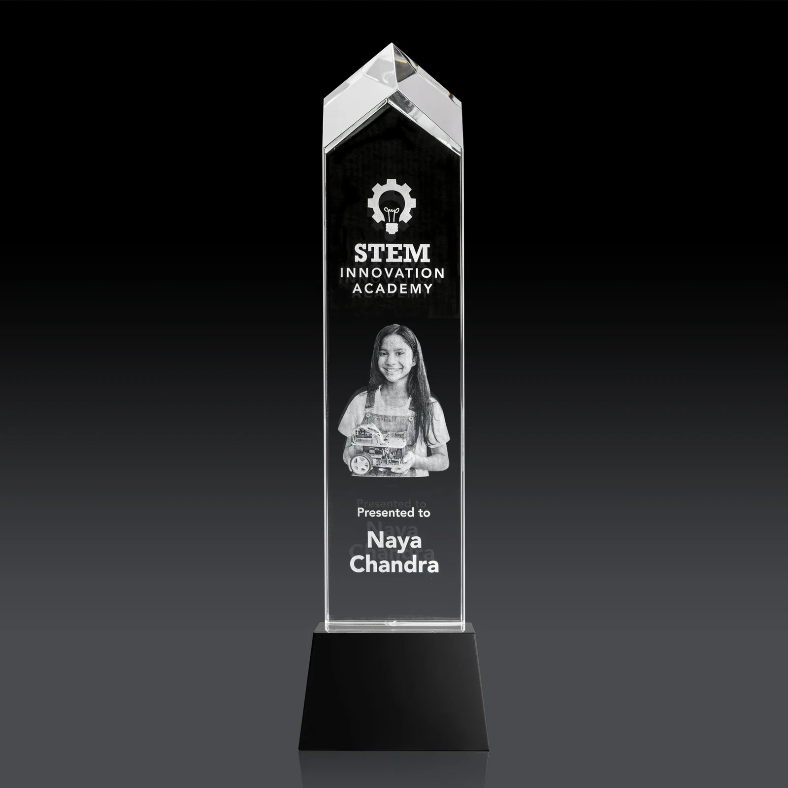 Personalized 3D Etched Optical Crystal Tower Award, Raised Peak on Tapered Base for employee recognition