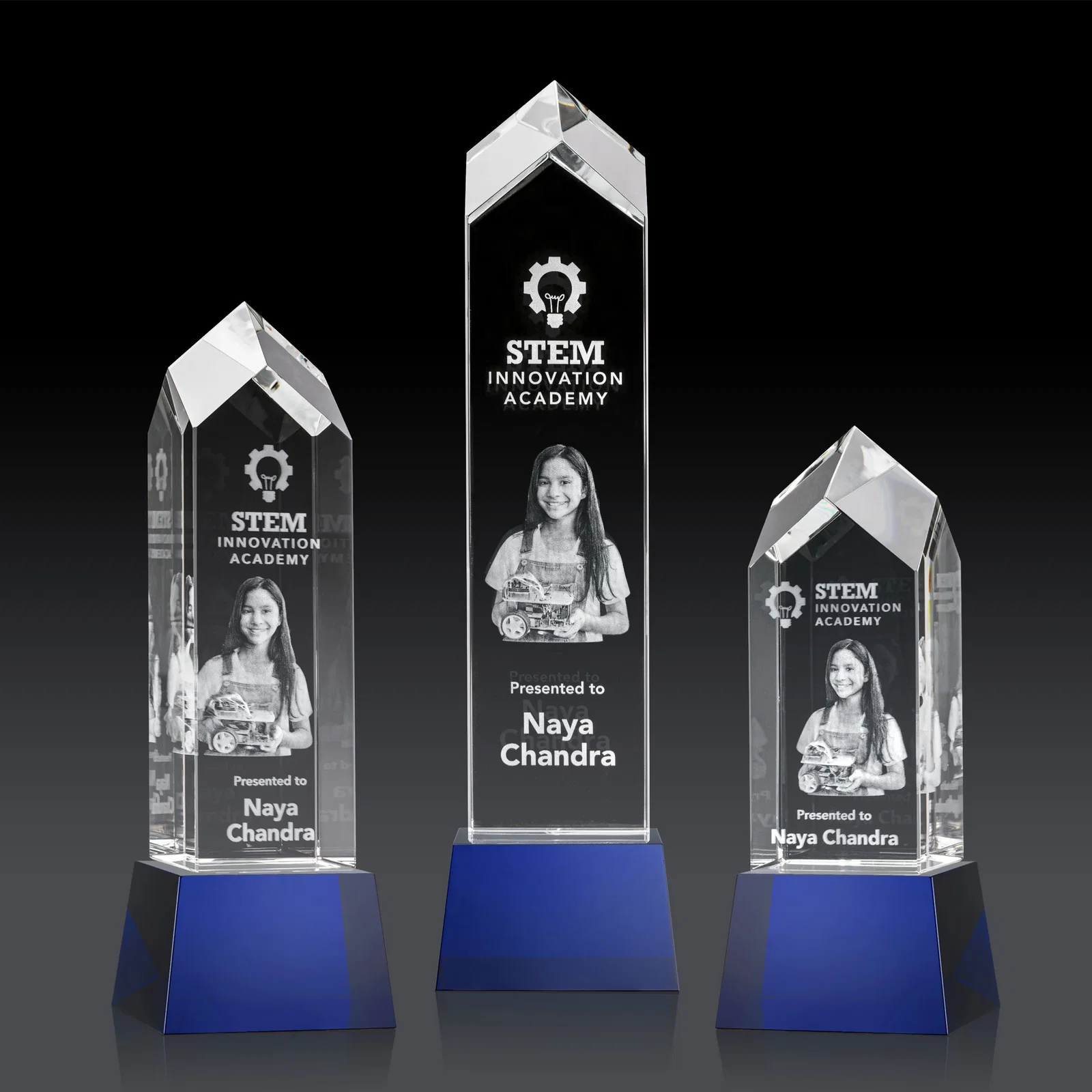 Personalized 3D Etched Optical Crystal Tower Award, Raised Peak on Tapered Base for corporate award ceremonies