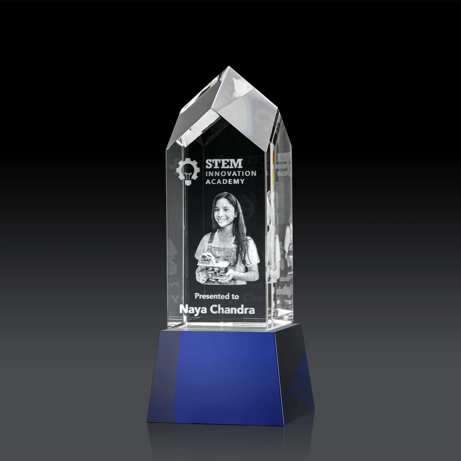 Personalized 3D Etched Optical Crystal Tower Award, Raised Peak on Tapered Base for service anniversary gifts