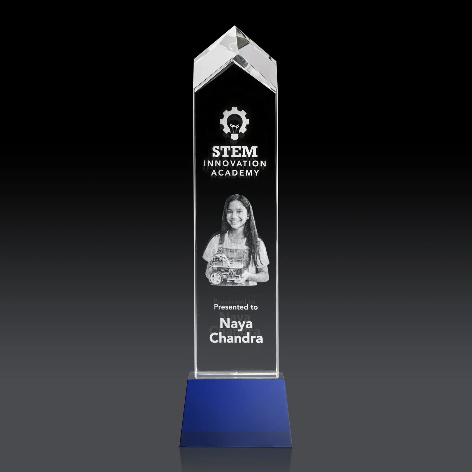 Personalized 3D Etched Optical Crystal Tower Award, Raised Peak on Tapered Base for retirement presentations