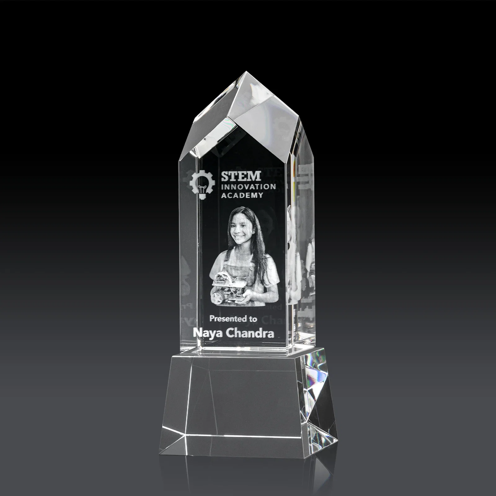 Custom 3D Etched Optical Crystal Tower Award, Raised Peak on Tapered Base for corporate award ceremonies