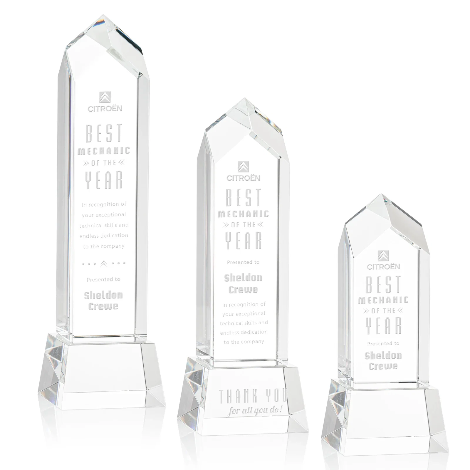 Personalized 3D Etched Optical Crystal Tower Award, Raised Peak on Tapered Base for team milestone celebrations