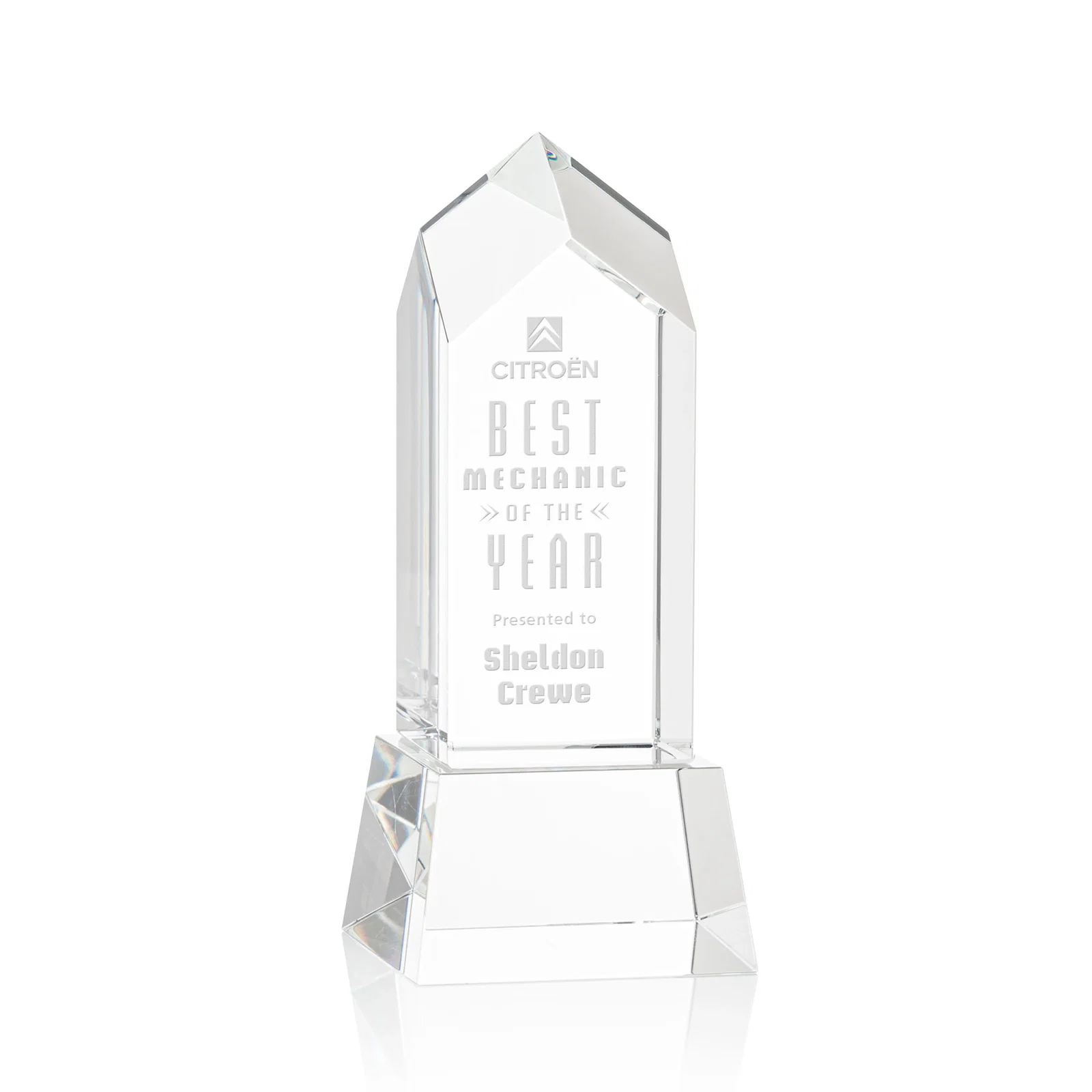 Personalized 3D Etched Optical Crystal Tower Award, Raised Peak on Tapered Base for donor appreciation