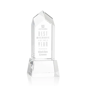 3D Etched Optical Crystal Tower Award, Raised Peak on Tapered Base