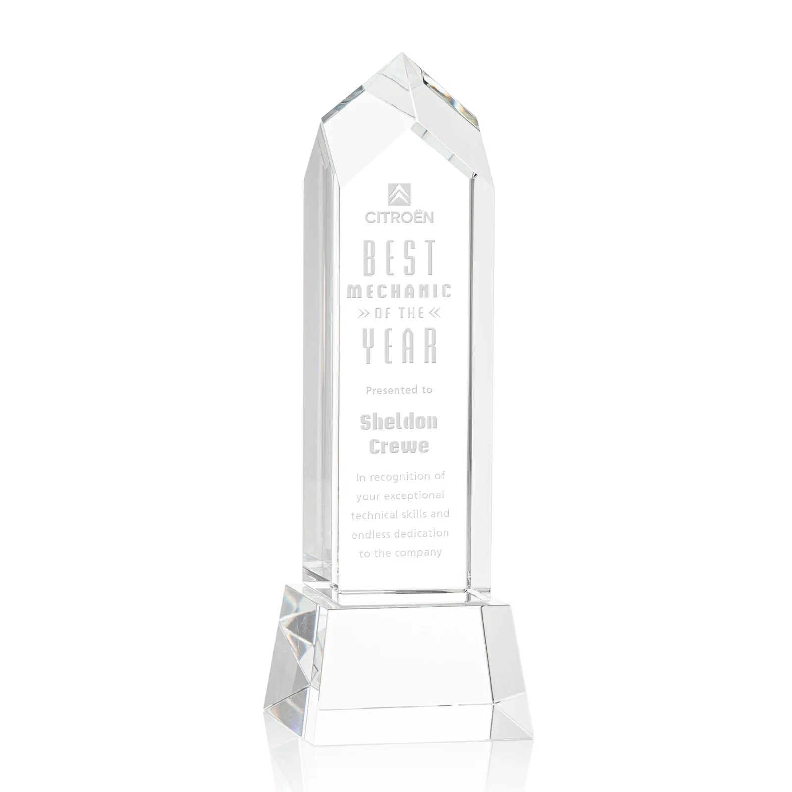 Personalized 3D Etched Optical Crystal Tower Award, Raised Peak on Tapered Base for graduation ceremonies