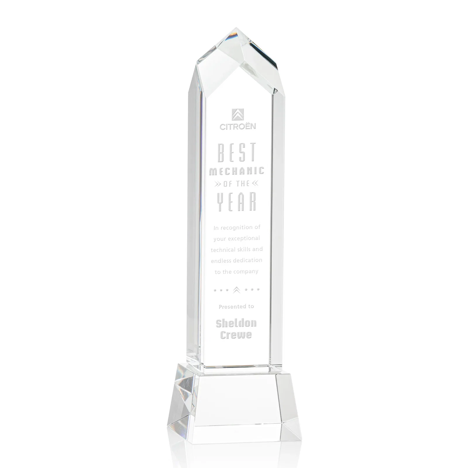Personalized 3D Etched Optical Crystal Tower Award, Raised Peak on Tapered Base for safety achievement programs