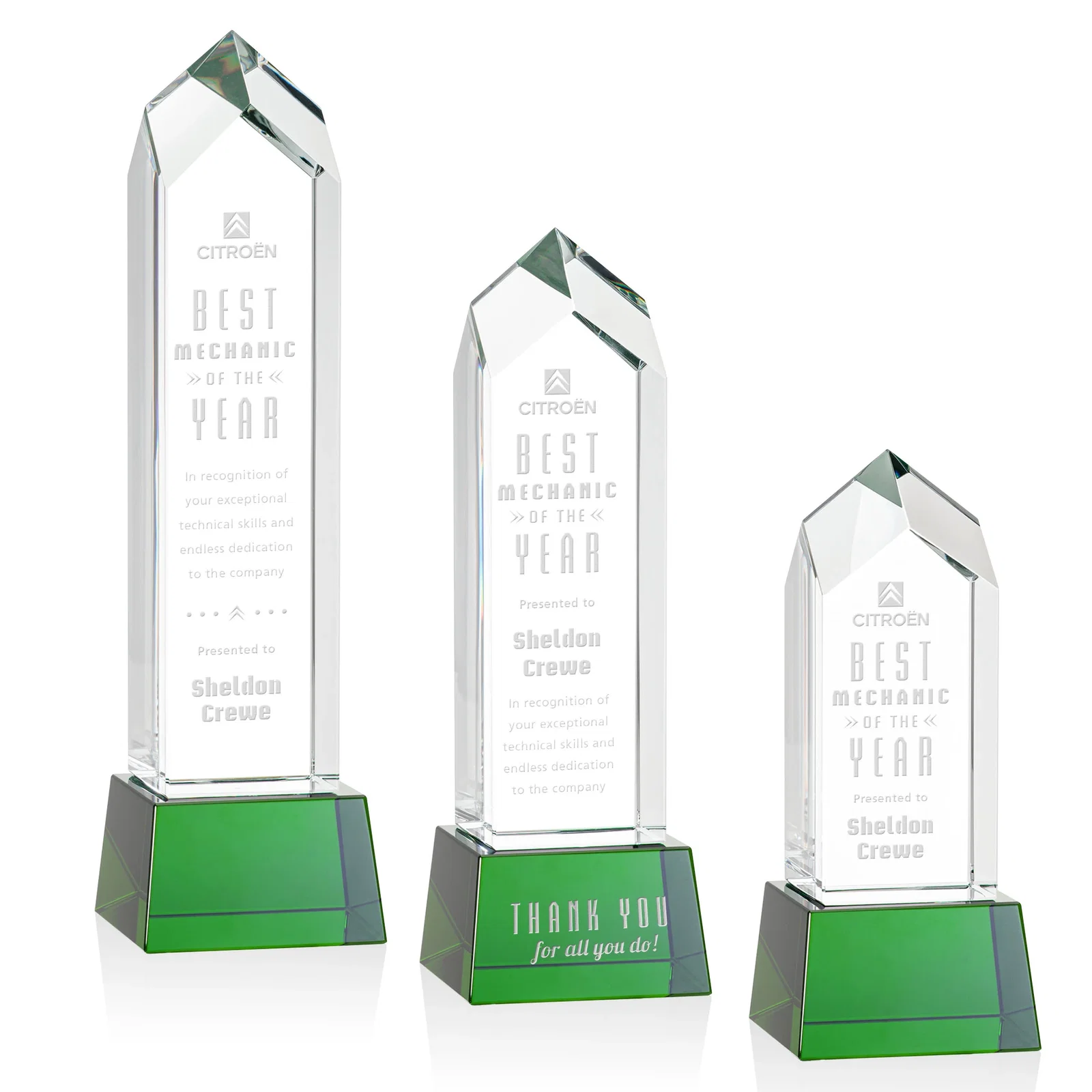 Personalized 3D Etched Optical Crystal Tower Award, Raised Peak on Tapered Base for volunteer appreciation