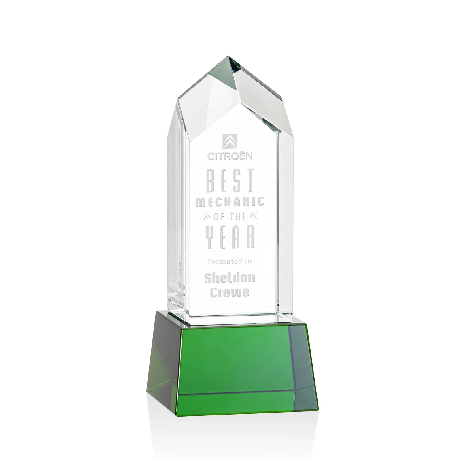 Personalized 3D Etched Optical Crystal Tower Award, Raised Peak on Tapered Base for dealer and partner awards