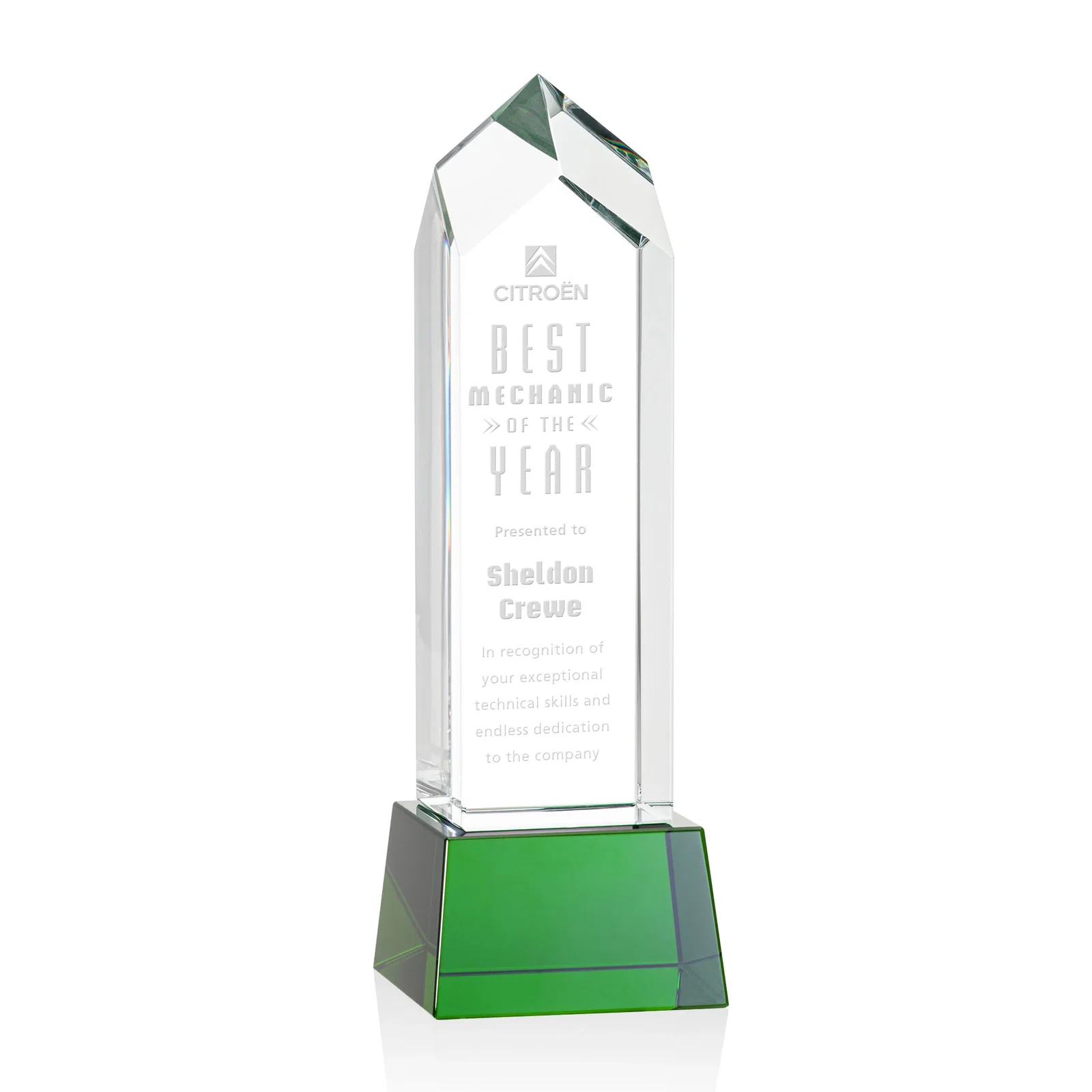 Personalized 3D Etched Optical Crystal Tower Award, Raised Peak on Tapered Base for company anniversary events