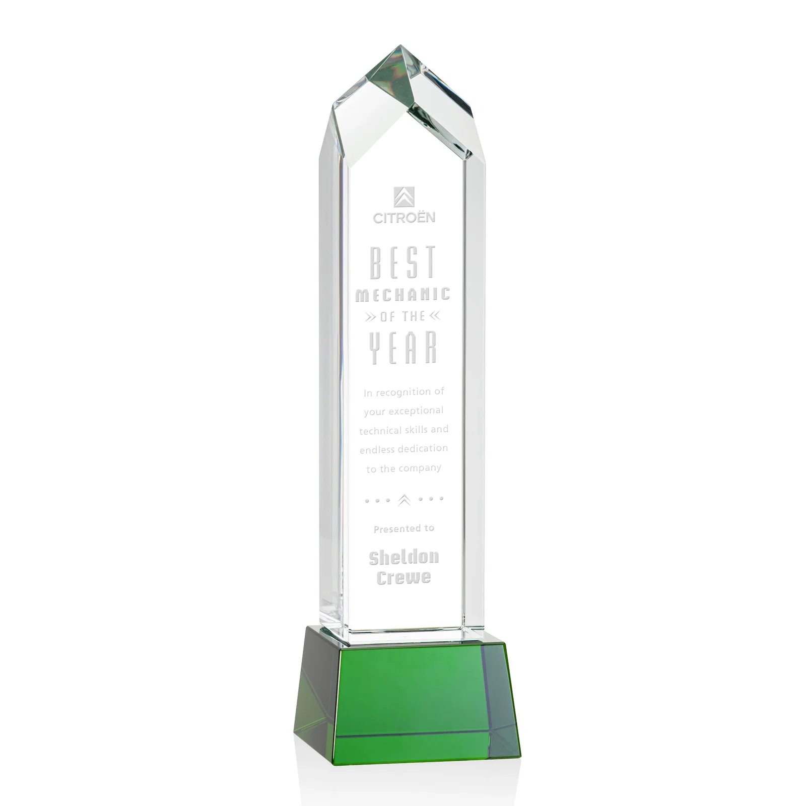 Promotional 3D Etched Optical Crystal Tower Award, Raised Peak on Tapered Base for employee recognition
