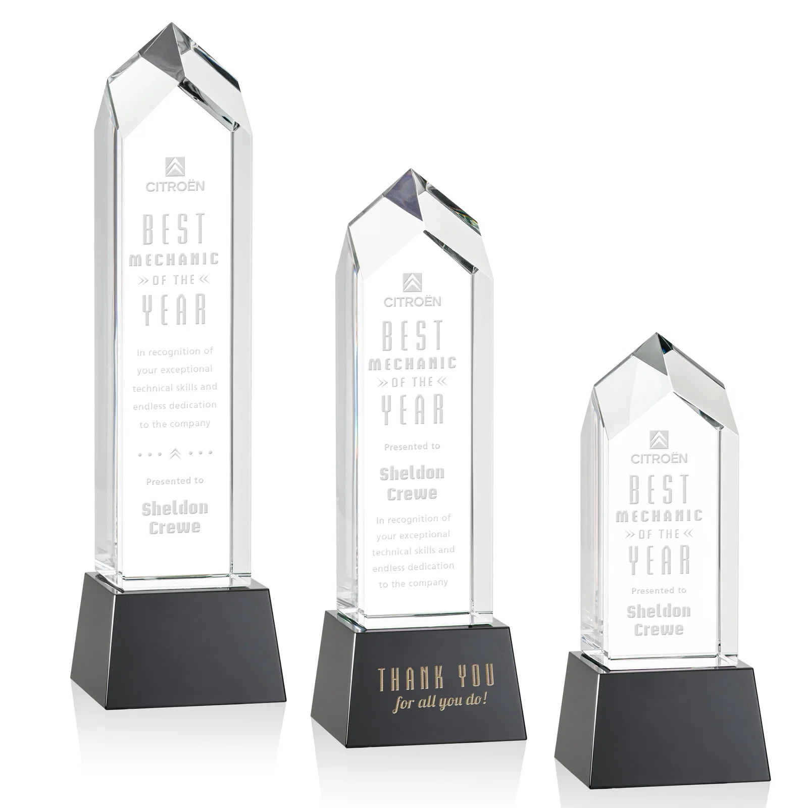 Promotional 3D Etched Optical Crystal Tower Award, Raised Peak on Tapered Base for corporate award ceremonies